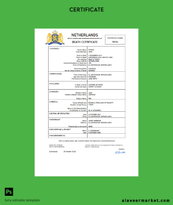 Hollanda vital record death Sertifika Word and PDF Şablon