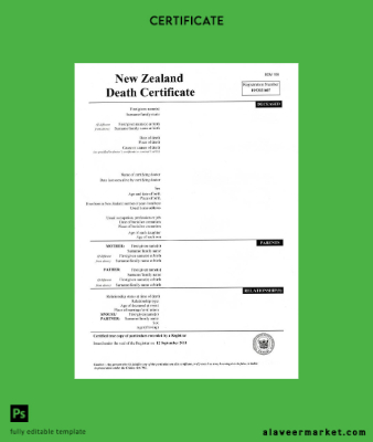 Yeni Zealand Registrar office death Sertifika