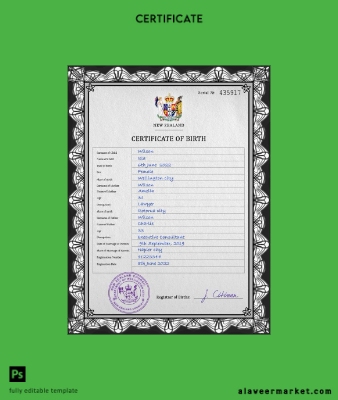 Yeni Zealand birth Sertifika PSD Şablon
