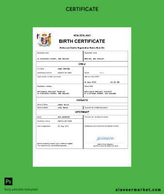 Yeni Zealand birth Sertifika Word and PDF Şablon
