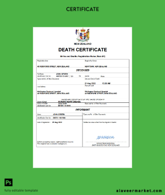 Yeni Zealand death Sertifika Word and PDF Şablon