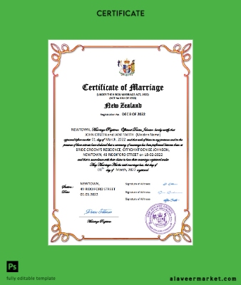 Yeni Zealand marriage Sertifika Word and PDF Şablon