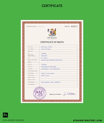 Yeni Zealand vital record death Sertifika PSD Şablon