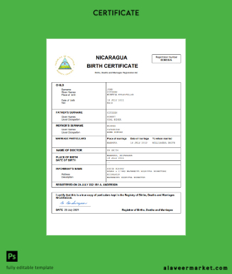 Nicaragua vital record birth Sertifika Word and PDF Şablon