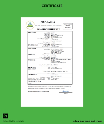 Nicaragua vital record death Sertifika Word and PDF Şablon