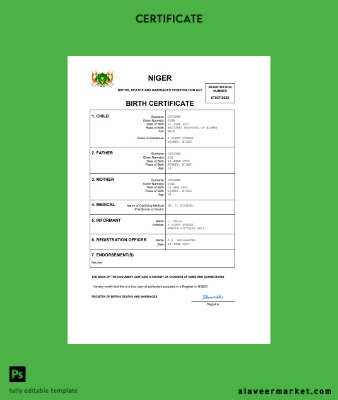 Niger birth Sertifika Word and PDF Şablon