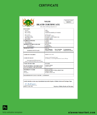 Niger death Sertifika Word and PDF Şablon