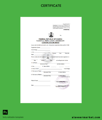 Nijerya birth Sertifika Şablon in Word and PDF format