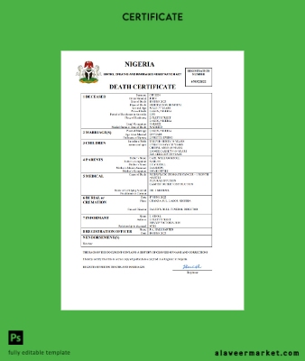 Nijerya vital record death Sertifika Word and PDF Şablon