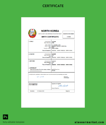 North Korea birth Sertifika Word and PDF Şablon
