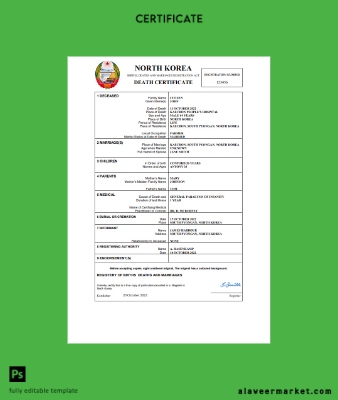 North Korea vital record death Sertifika Word and PDF Şablon