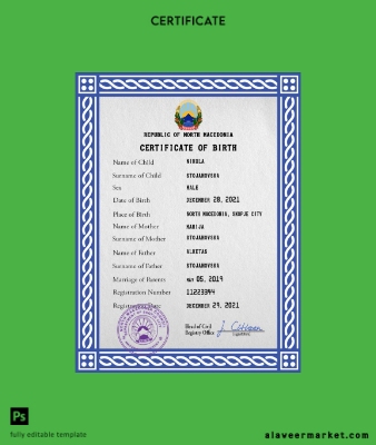 North Macedonia vital record birth Sertifika PSD Şablon