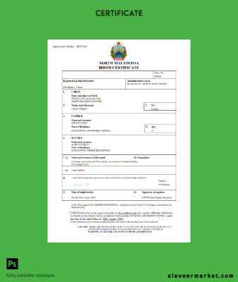 North Macedonia vital record birth Sertifika Word and PDF Şablon