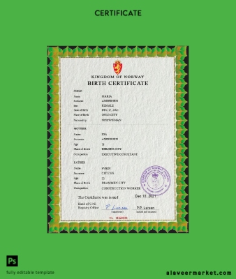 Norveç birth Sertifika PSD Şablon