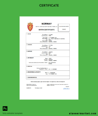 Norveç birth Sertifika Word and PDF Şablon