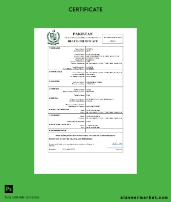 Pakistan death Sertifika Word and PDF Şablon