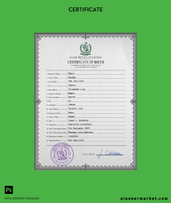 Pakistan vital record birth Sertifika PSD Şablon