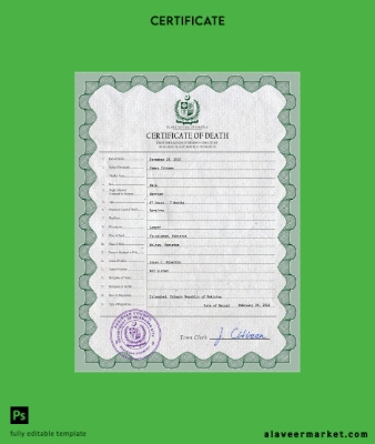 Pakistan vital record death Sertifika PSD Şablon