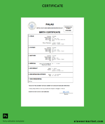 Palau birth Sertifika Word and PDF Şablon