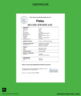 Palau vital record death Sertifika Word and PDF Şablon