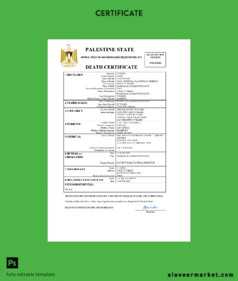 Palestine vital record death Sertifika Word and PDF Şablon