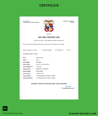 Panama death Sertifika Word and PDF Şablon