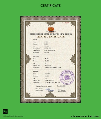 Papua Yeni Guinea birth Sertifika PSD Şablon