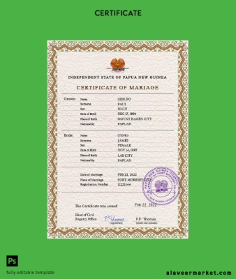 Papua Yeni Guinea marriage Sertifika PSD Şablon
