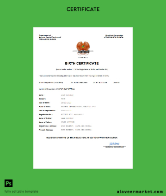 Papua Yeni Guinea vital record birth Sertifika Word and PDF Şablon