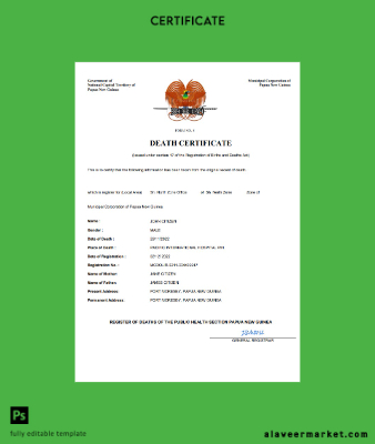 Papua Yeni Guinea vital record death Sertifika Word and PDF Şablon