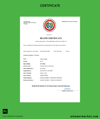 Paraguay death Sertifika Word and PDF Şablon