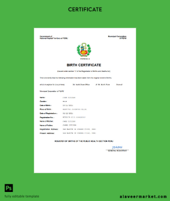 Peru birth Sertifika Word and PDF Şablon