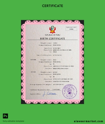 Peru vital record birth Sertifika PSD Şablon