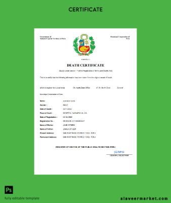 Peru vital record death Sertifika Word and PDF Şablon