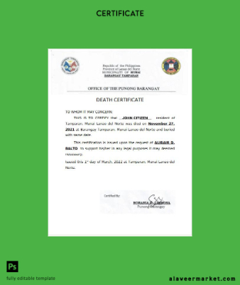 Filipinler Office of the Punong Barangay death Sertifika