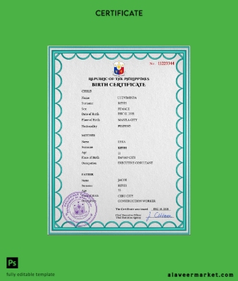 Filipinler birth Sertifika PSD Şablon