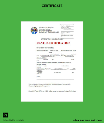 Filipinler municipality of Laua-an Office of the Punong Barangay death Sertifika