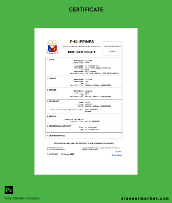 Filipinler vital record birth Sertifika Word and PDF Şablon