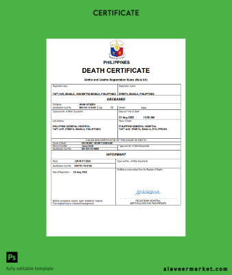 Filipinler vital record death Sertifika Word and PDF Şablon
