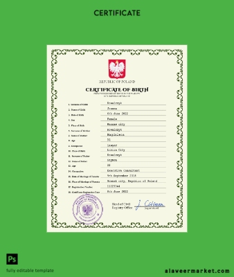 Polonya vital record birth Sertifika PSD Şablon
