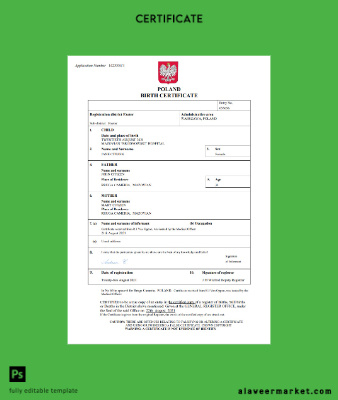 Polonya vital record birth Sertifika Word and PDF Şablon