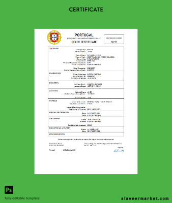 Portekiz death Sertifika Word and PDF Şablon