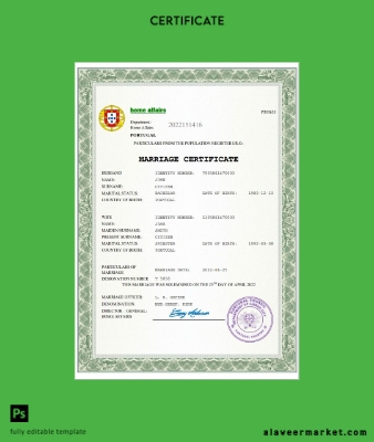 Portekiz marriage Sertifika Word and PDF Şablon