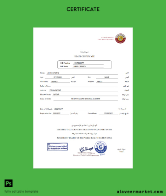 Katar death Sertifika Şablon in Word and PDF format