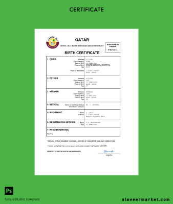 Katar vital record birth Sertifika Word and PDF Şablon