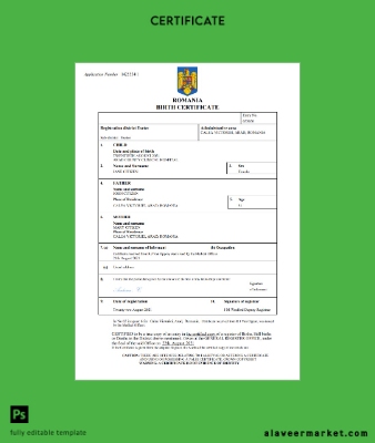 Romanya birth Sertifika Word and PDF Şablon