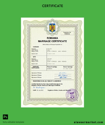 Romanya marriage Sertifika Word and PDF Şablon