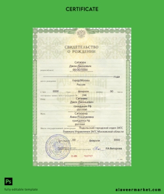 Rusya birth Sertifika (Свидетельство о рождении) Şablon in PSD format, fully Düzenlenebilir version 2