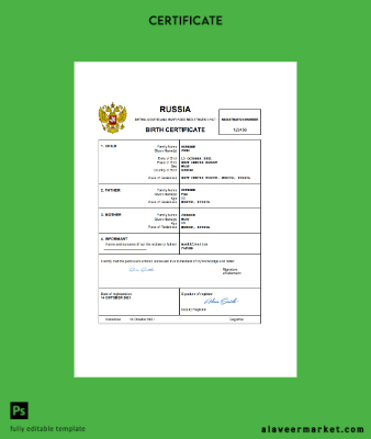 Rusya vital record birth Sertifika Word and PDF Şablon completely Düzenlenebilir