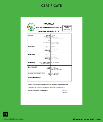 Rwanda birth Sertifika Word and PDF Şablon
